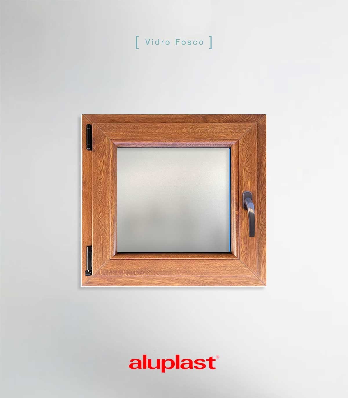 Janela PVC 60x60cm Oscilobatente ESQUERDA Carvalho Dourado Vidro Duplo FOSCO LISO ALUPLAST